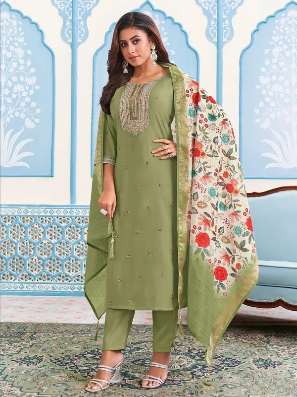 Green salwar suit with floral print dupatta
