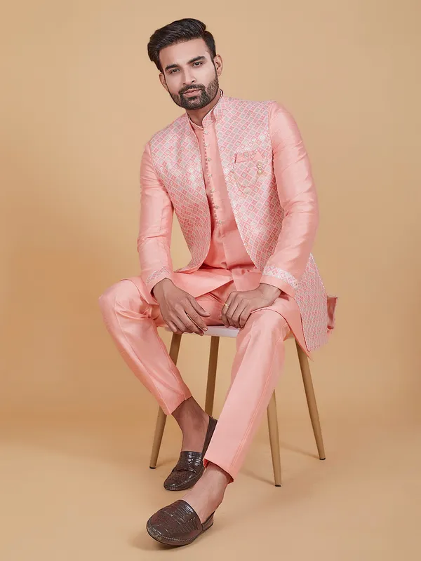 Light pink printed raw silk indowestern