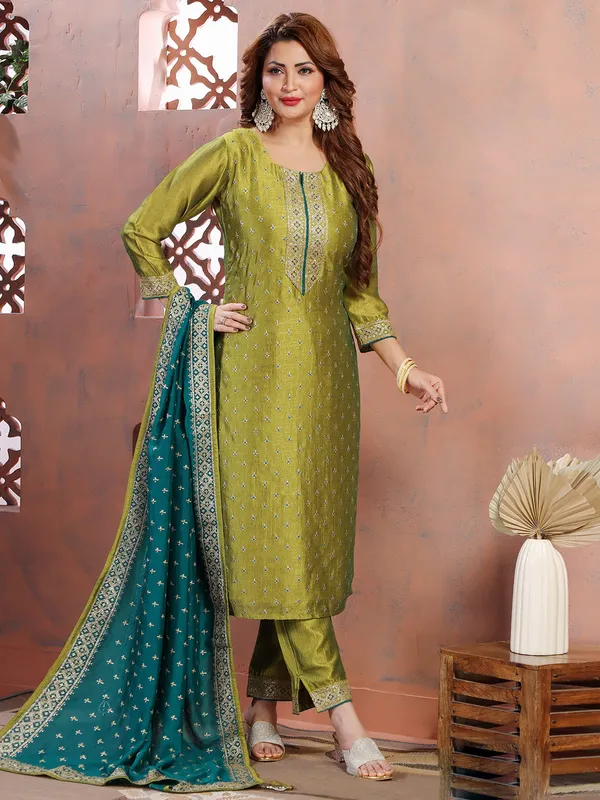 Silk olive salwar suit with dupatta