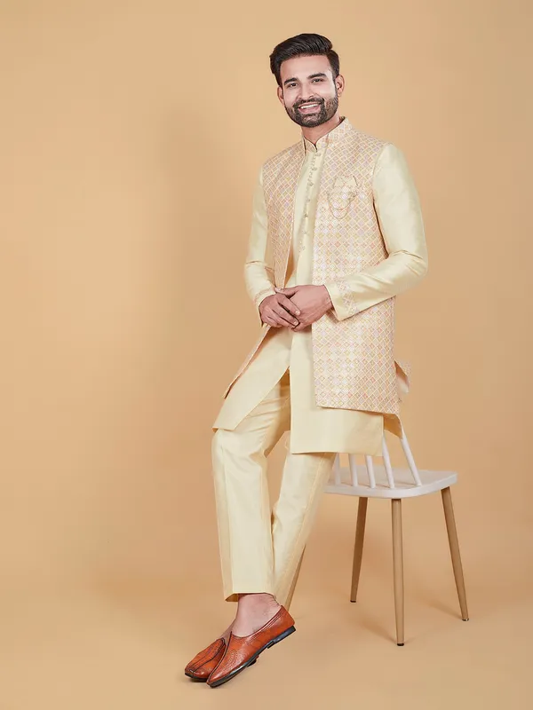 Stunning cream raw silk printed indowestern