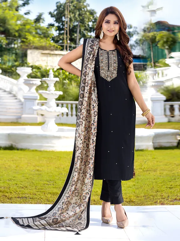 Stylish black silk salwar suit with printed dupatta