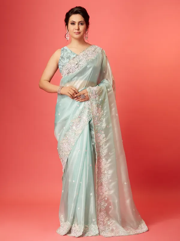 Beautiful sky blue soft organza saree
