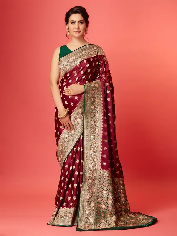 Classic maroon silk saree with contrast border