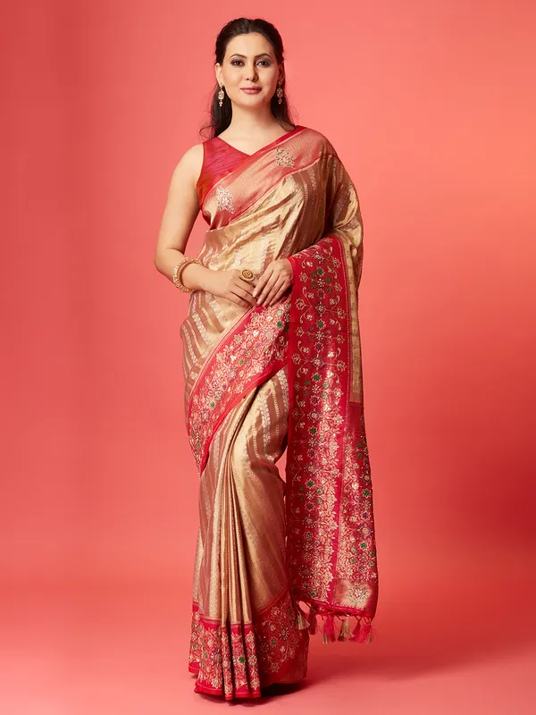 Fawn beige silk zari weaving saree