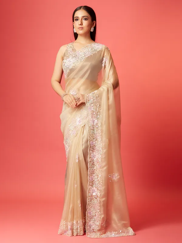 Light peach soft organza saree