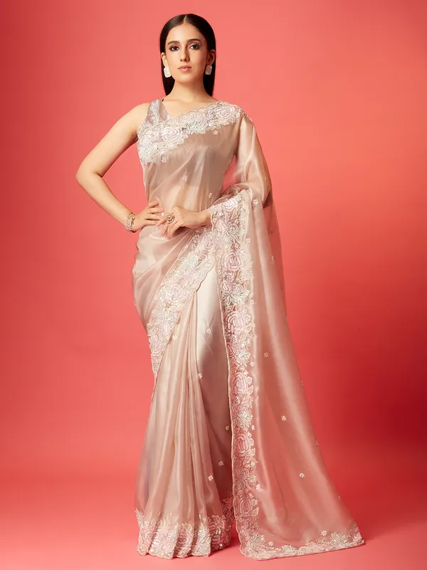 Light Onion Pink soft organza saree