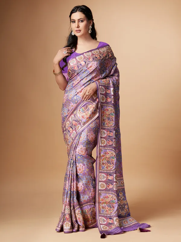 Lilac purple silk printed saree