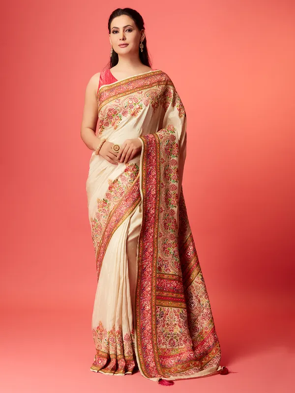 Newest off-white pashmina silk saree