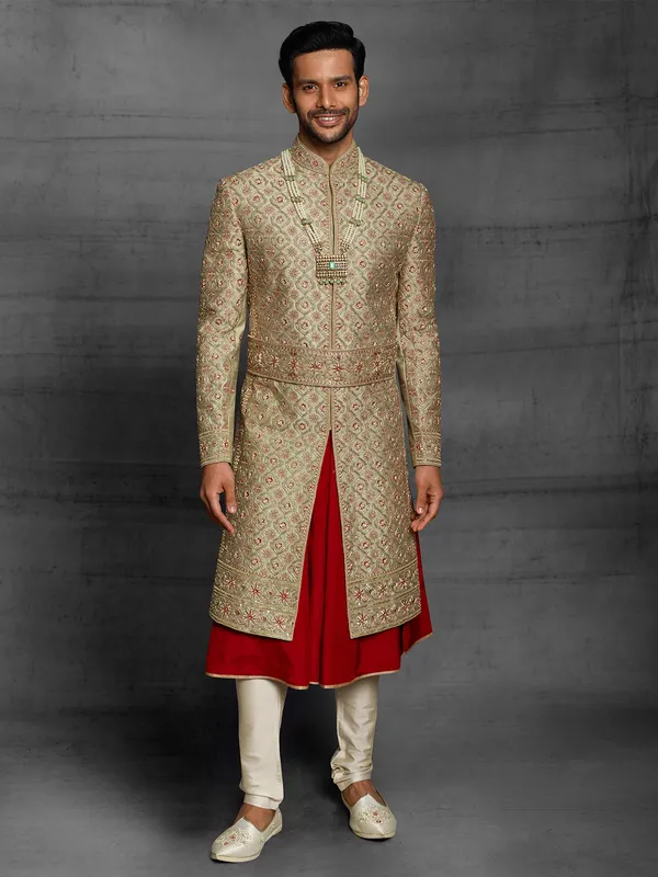 Golden hue silk wedding wear dual layer sherwani