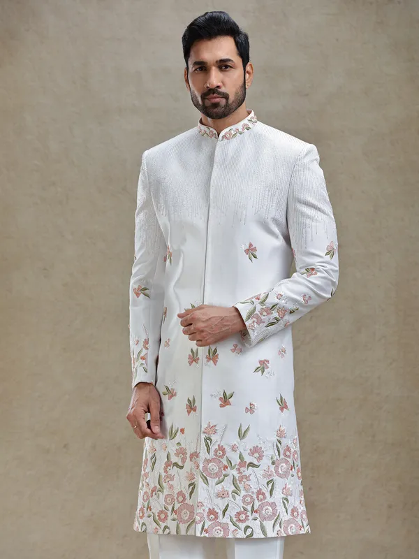 Off white flower embroidered silk long sherwani