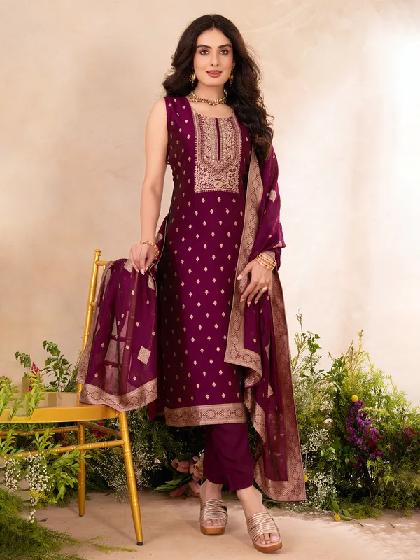 Purple silk festive wear salwar suit for women
