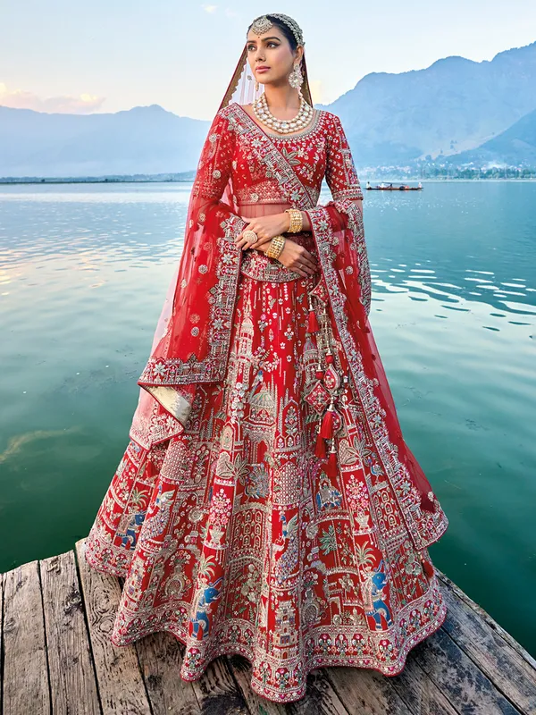 Aesthetic red unstitched premium silk lehenga choli