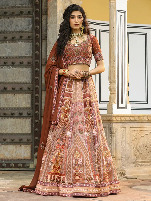 Aesthetic silk brown printed lehenga choli