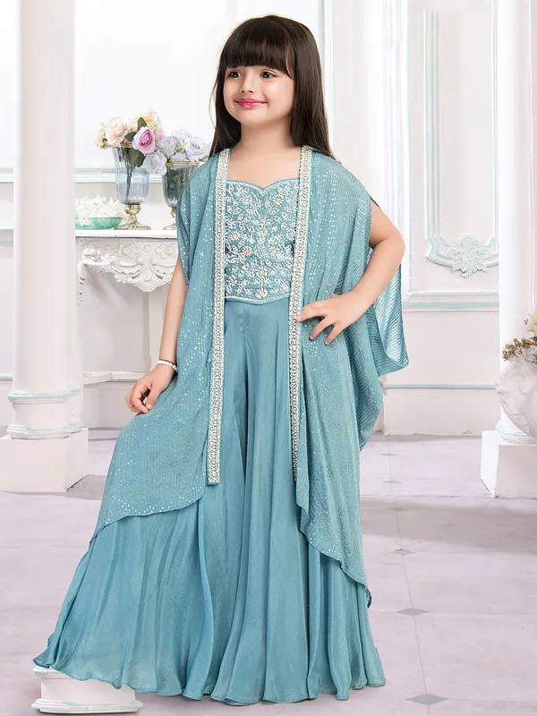 Alluring light blue silk palazzo suit with shrug