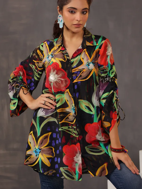 Alluring silk black printed tunic top