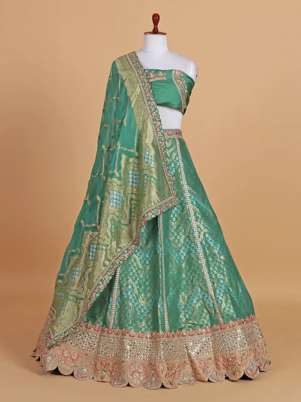 Amazing coral green silk unstitched lehenga choli