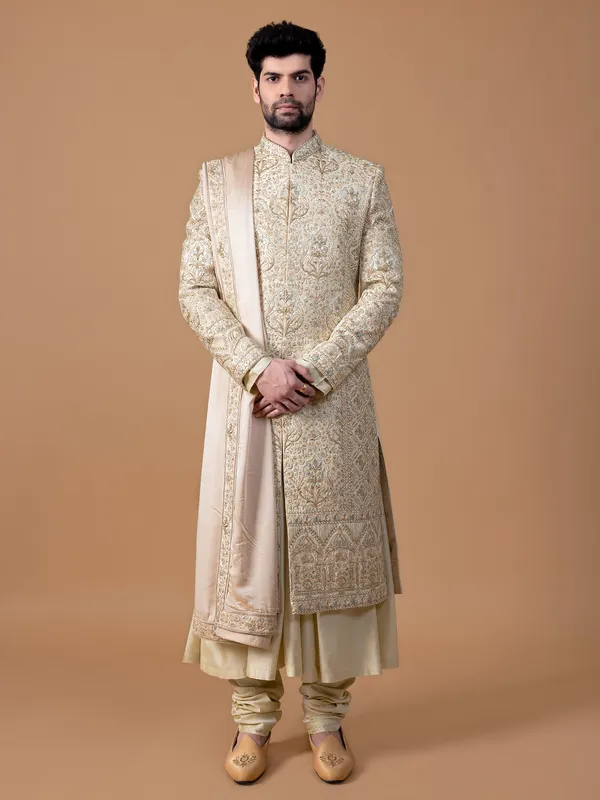 Amazing cream raw silk groom sherwani