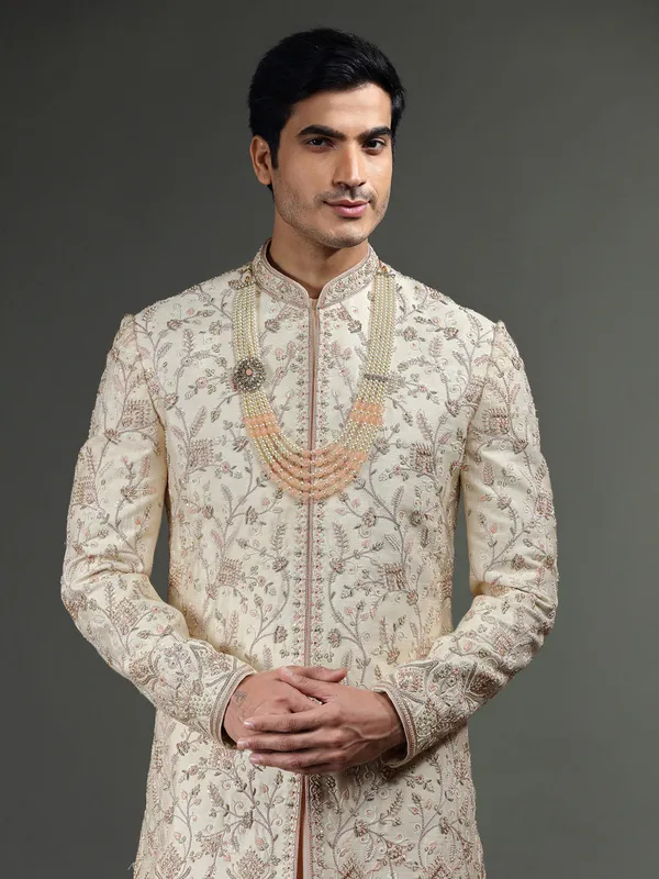 Amazing light peach raw silk sherwani