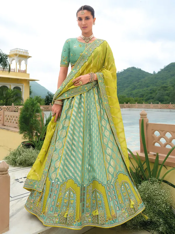 Amazing mint green green silk unstitched lehenga choli