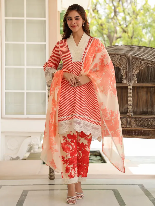 Amazing orange cotton silk printed kurti set