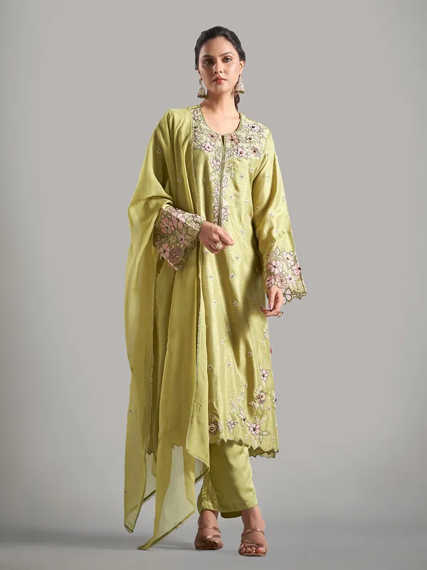 Amazing sage green raw silk salwar suit