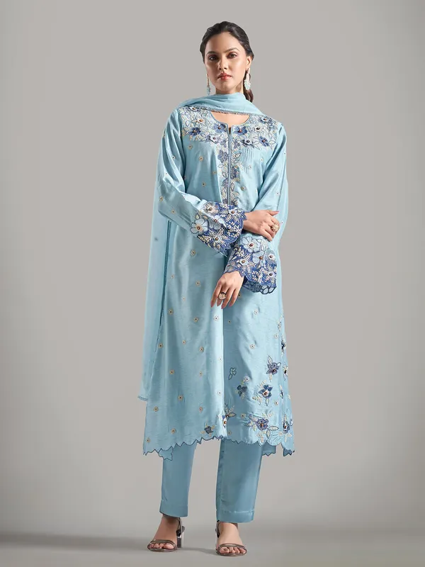 Amazing sky blue raw silk salwar suit with dupatta