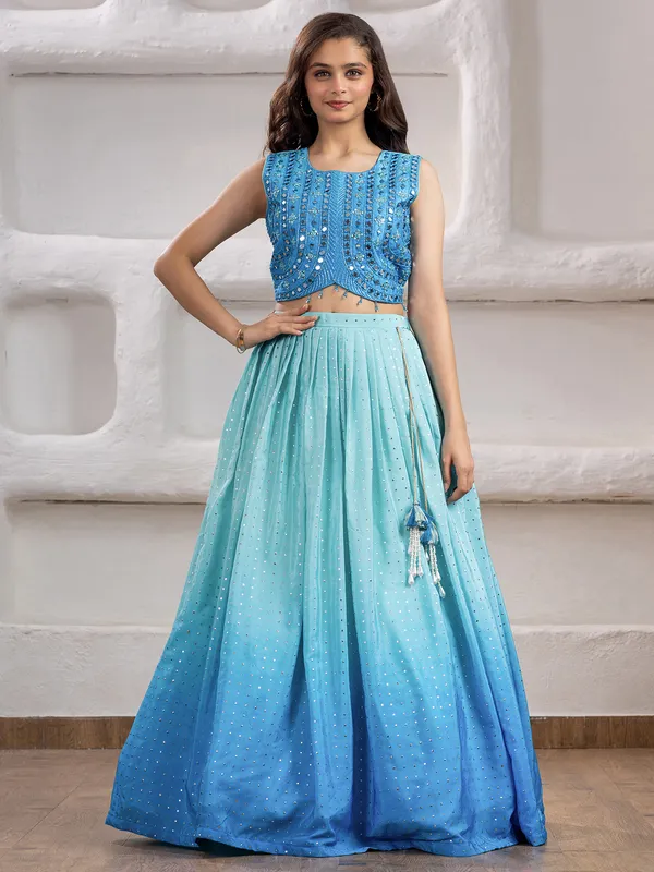 Aqua and blue lehenga choli in silk