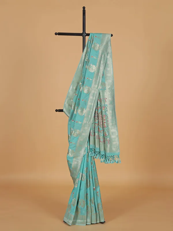 Aqua banarasi silk saree with zari weaving