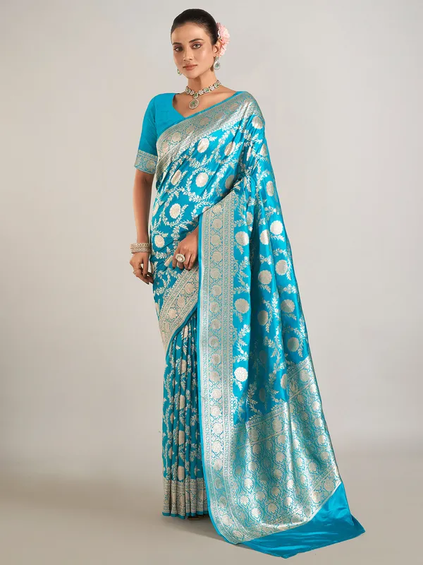 Aqua banarasi silk wedding wear saree in zari work