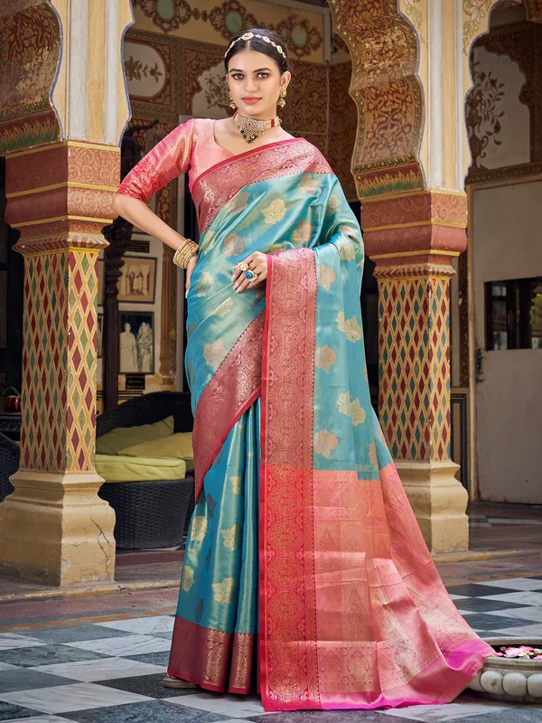 Aqua banarasi silk zari weaving saree