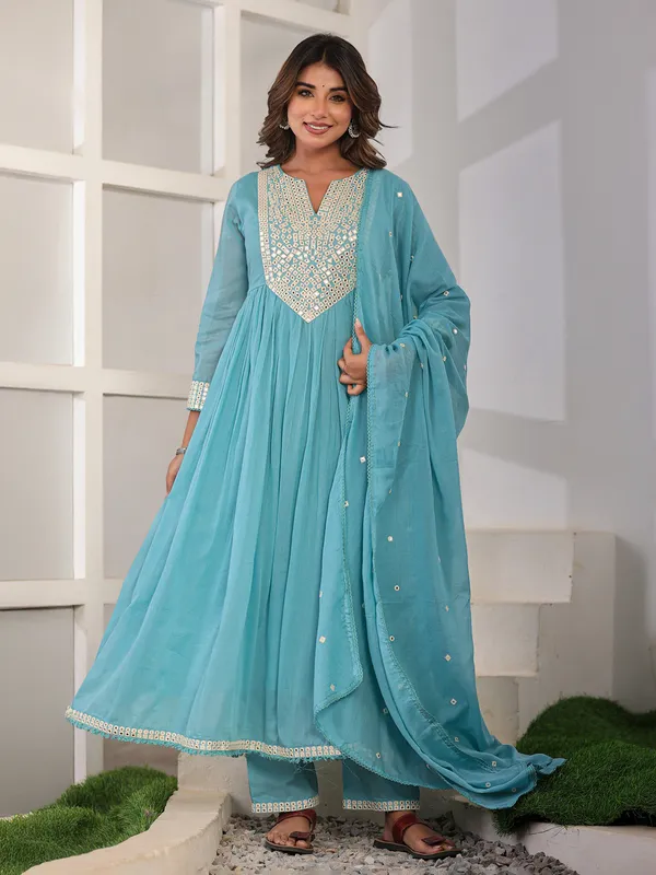 Aqua bloom cotton silk kurti set