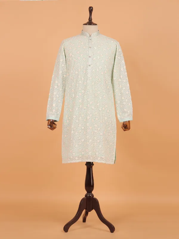 Aqua blue embroided cotton kurta set for men