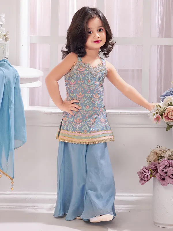 Aqua blue festive style sleeveless palazzo suit