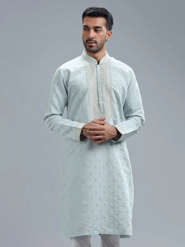 Aqua cotton silk kurta pajama for men