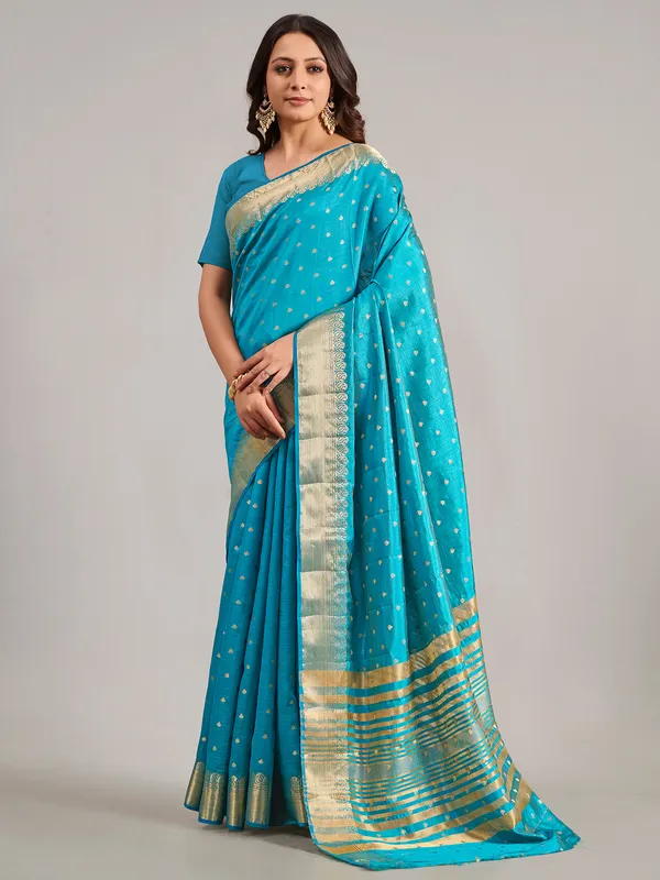 Aqua cotton silk saree with zari work