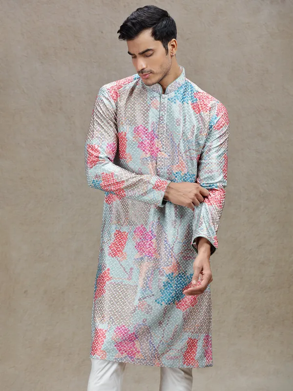 Aqua effortless elegance tussar silk printed kurta suit
