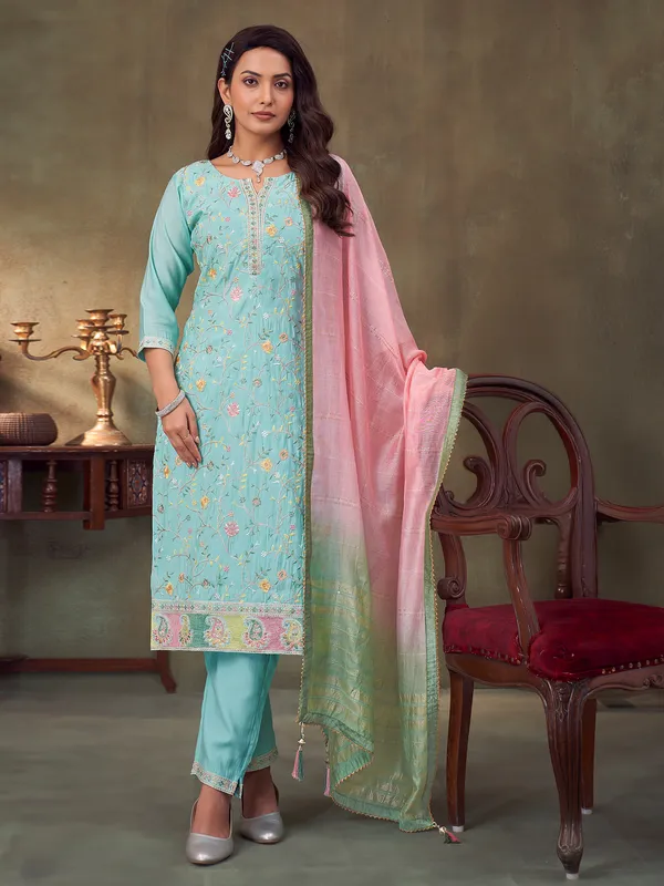 Aqua embroidered silk salwar suit with pant and dupatta