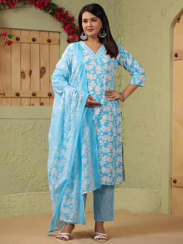 Aqua floral printed silk kurti set with printed dupatta