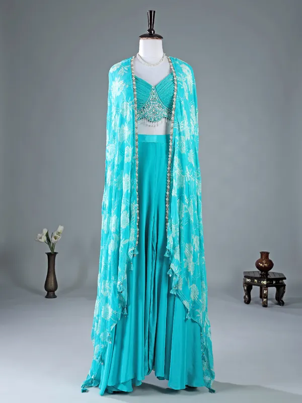 Aqua georgette jacket style palazzo suit for wedding wear