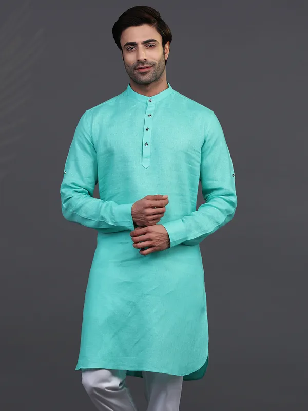 Aqua linen chinese collar only kurta