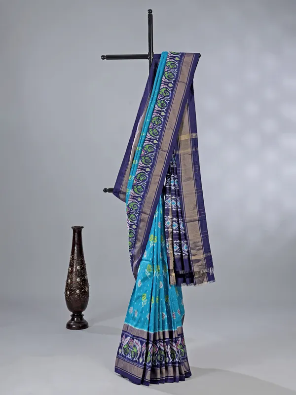 Aqua navy zari weaving patola silk saree for festive