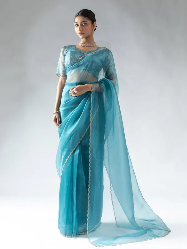 Aqua organza ready to wear saree