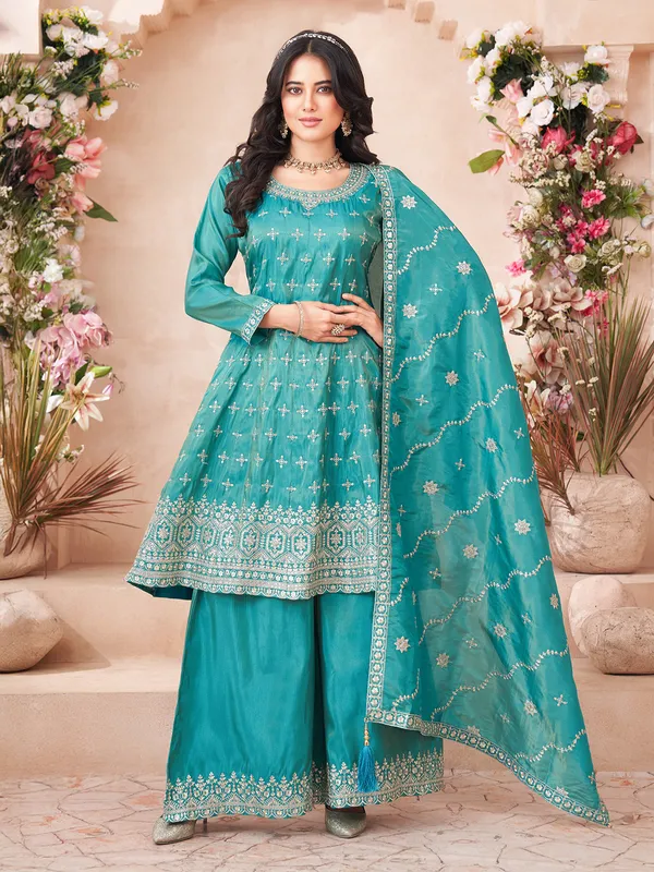 Aqua palazzo suit in premium silk