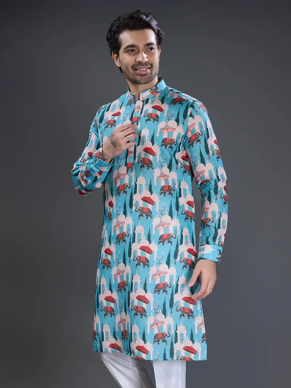 Aqua printed cotton kurta pajama set