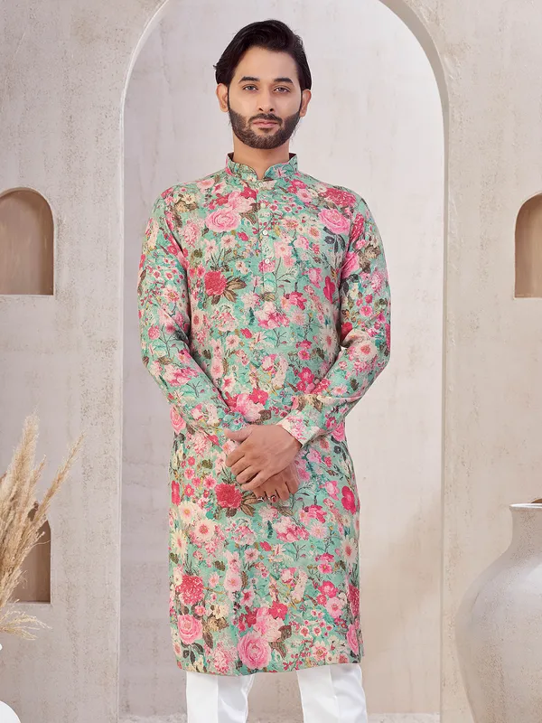 Aqua printed cotton kurta suit for mens