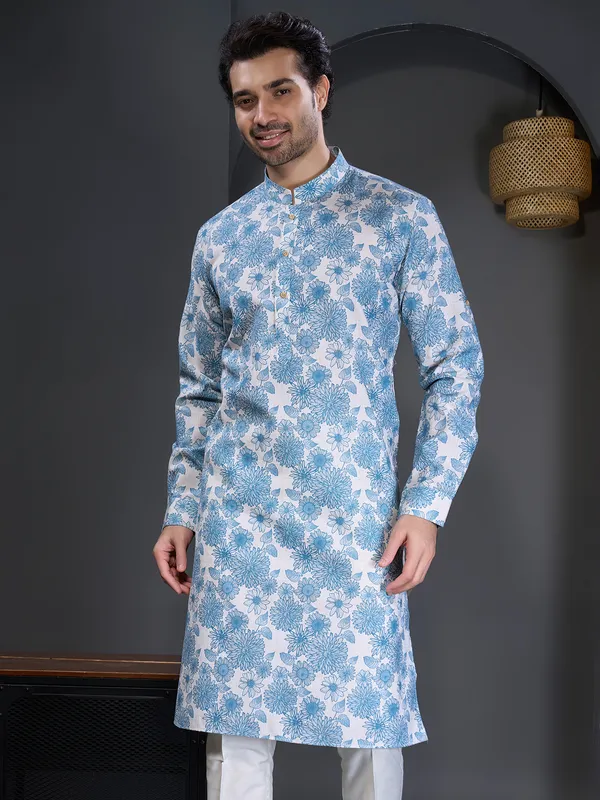 Aqua printed cotton kurta suit for mens wear