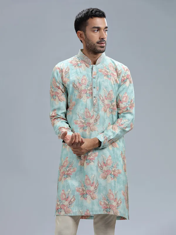 Aqua printed cotton silk kurta set for men