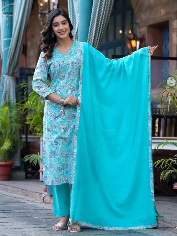 Aqua printed cotton silk kurti set