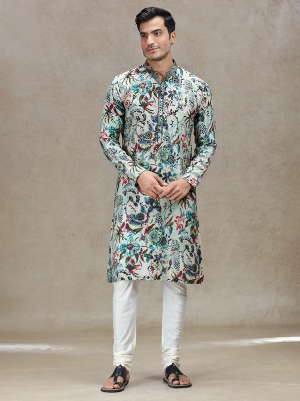 Aqua printed festive ready kurta set for men