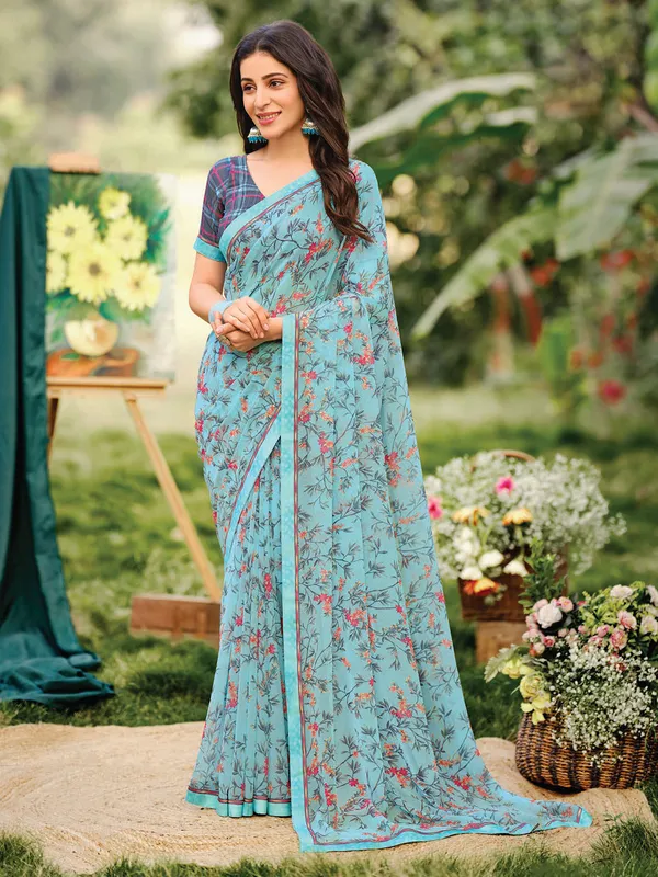 Aqua printed georgette casual wear saree